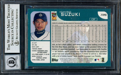 Ichiro Suzuki Autographed 2001 Topps Rookie Card #726 Seattle Mariners Auto Grade Gem Mint 10 (Off Condition) Beckett BAS #13018327