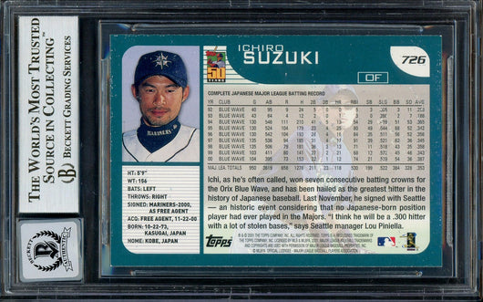 Ichiro Suzuki Autographed 2001 Topps Rookie Card #726 Seattle Mariners Auto Grade Gem Mint 10 (Off Condition) Beckett BAS #13018327