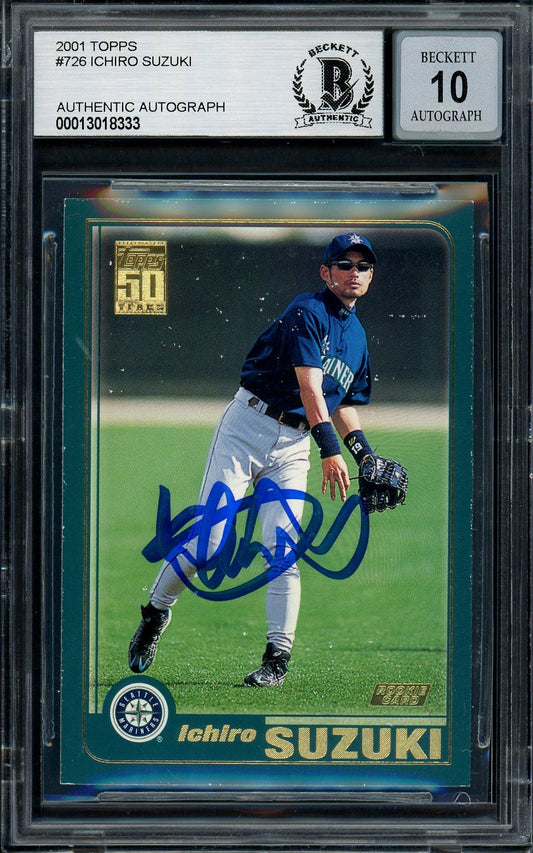 Ichiro Suzuki Autographed 2001 Topps Rookie Card #726 Seattle Mariners Auto Grade Gem Mint 10 (Off Condition) Beckett BAS #13018333