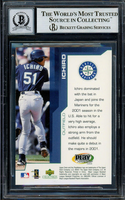 Ichiro Suzuki Autographed 2001 Upper Deck Play Makers Rookie Card #4 Seattle Mariners Auto Grade Gem Mint 10 Beckett BAS #13018544