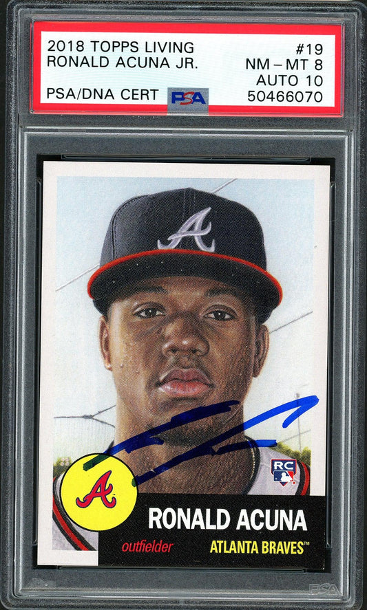 Ronald Acuna Jr. Autographed 2018 Topps Living Rookie Card #19 Atlanta Braves PSA 8 Auto Grade Gem Mint 10 PSA/DNA #50466070
