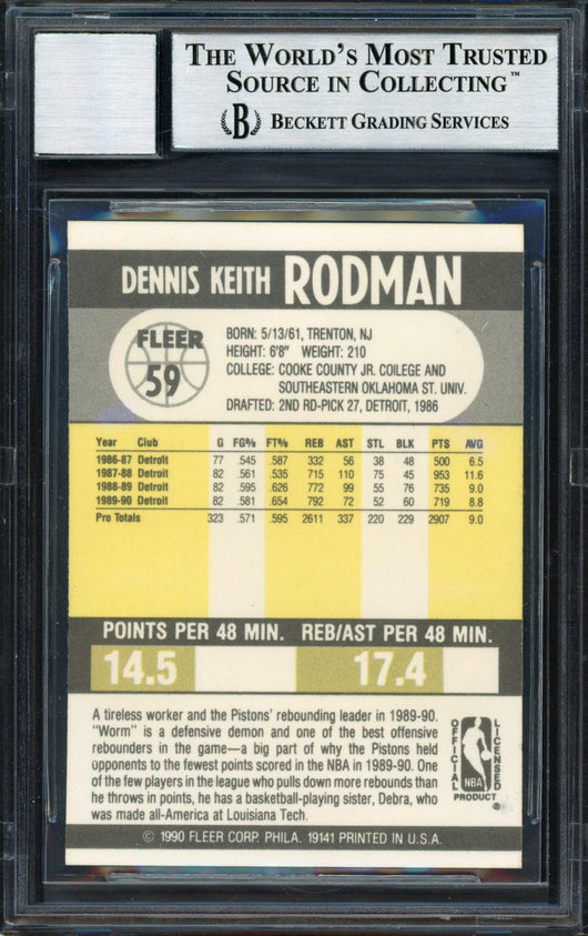 Dennis Rodman Autographed 1990-91 Fleer Card #59 Detroit Pistons Auto Grade 10 Beckett BAS Stock #184726