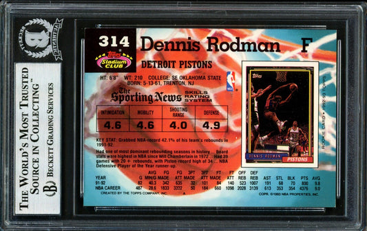 Dennis Rodman Autographed 1992-93 Stadium Club Card #314 Detroit Pistons Signed In Blue Beckett BAS #12518329