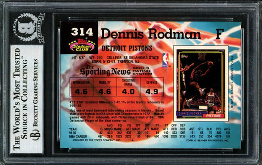 Dennis Rodman Autographed 1992-93 Stadium Club Card #314 Detroit Pistons Signed In Silver Beckett BAS #12518331