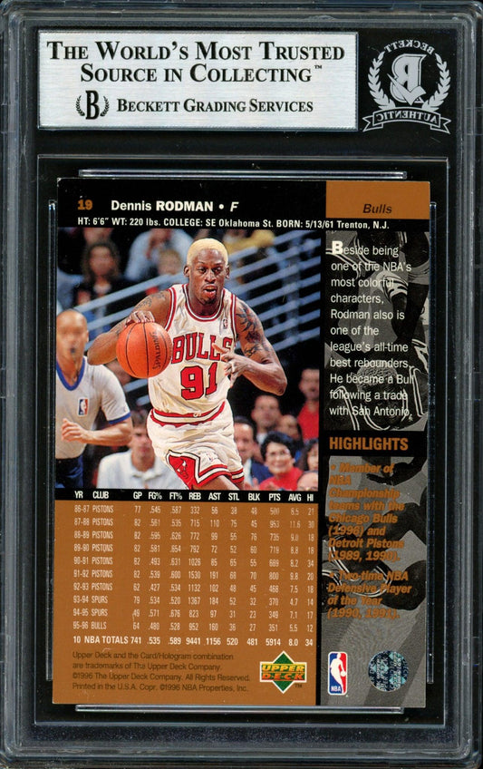 Dennis Rodman Autographed 1996-97 Upper Deck Card #19 Chicago Bulls Beckett BAS #12517057