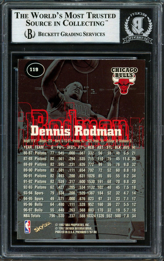 Dennis Rodman Autographed 1997-98 Skybox Premium Card #119 Chicago Bulls Signed In Blue Beckett BAS #12517182