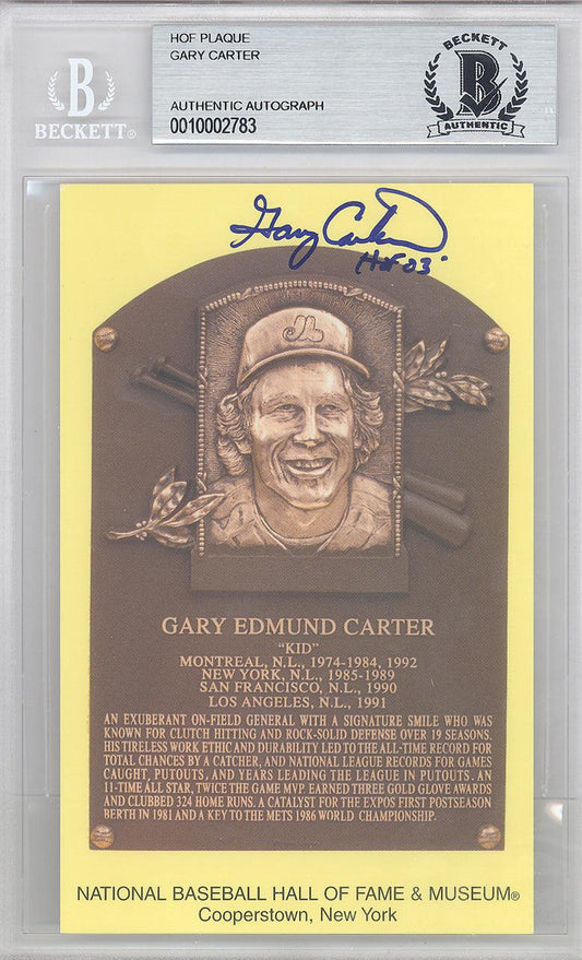 Gary Carter Autographed HOF Plaque Postcard Expos, Mets Beckett BAS Stock #124890
