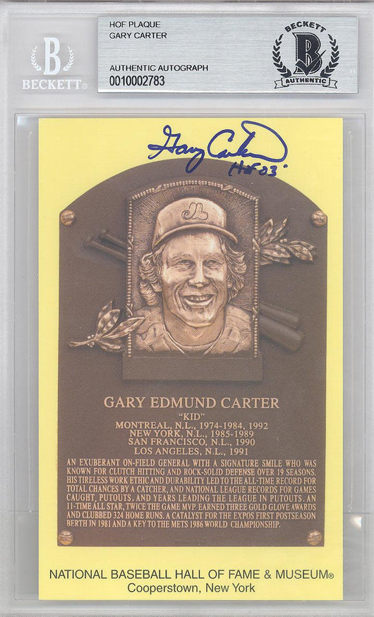 Gary Carter Autographed HOF Plaque Postcard Expos, Mets Beckett BAS Stock #124890