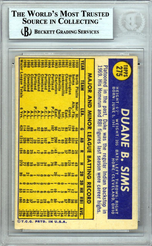 Duke Sims Autographed 1970 Topps Card #275 Cleveland Indians Beckett BAS #10209696