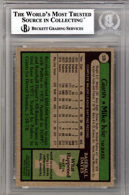 Mike Ivie Autographed 1979 Topps Card #538 San Diego Padres Beckett BAS #10211564