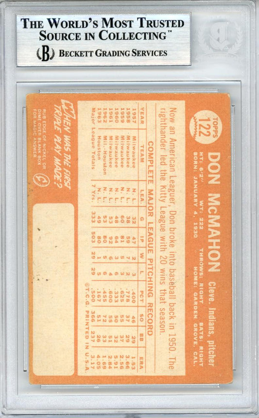 Don McMahon Autographed 1964 Topps Card #122 Cleveland Indians Beckett BAS #10378347