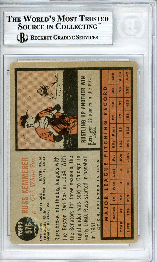 Russ Kemmerer Autographed 1962 Topps Card #576 Chicago White Sox Beckett BAS #10540243