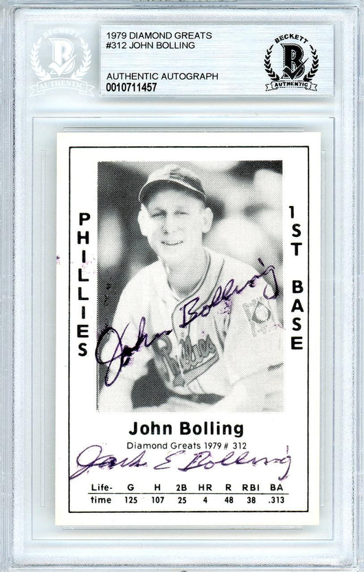 Jack John Bolling Autographed 1979 Diamond Greats Card #312 Philadelphia Phillies Beckett BAS #10711457