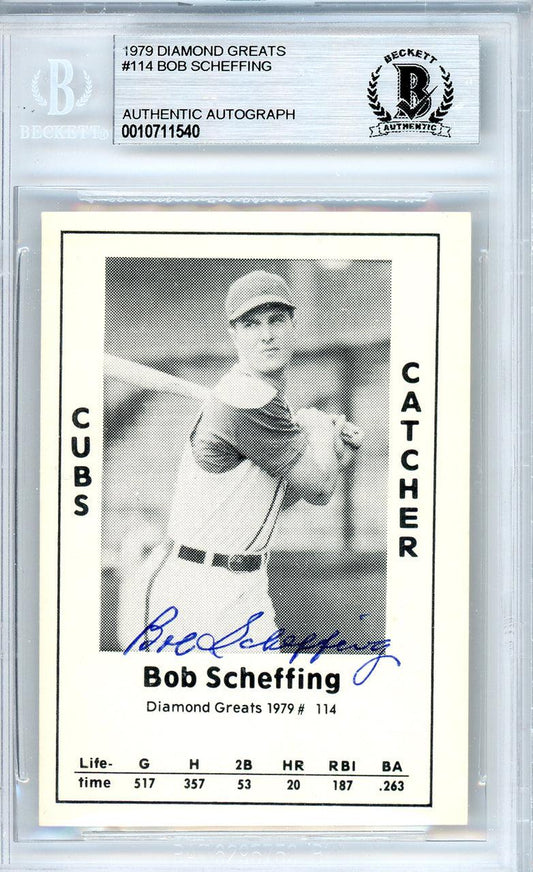 Bob Scheffing Autographed 1979 Diamond Greats Card #114 Chicago Cubs Beckett BAS #10711540