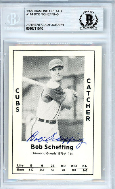 Bob Scheffing Autographed 1979 Diamond Greats Card #114 Chicago Cubs Beckett BAS #10711540
