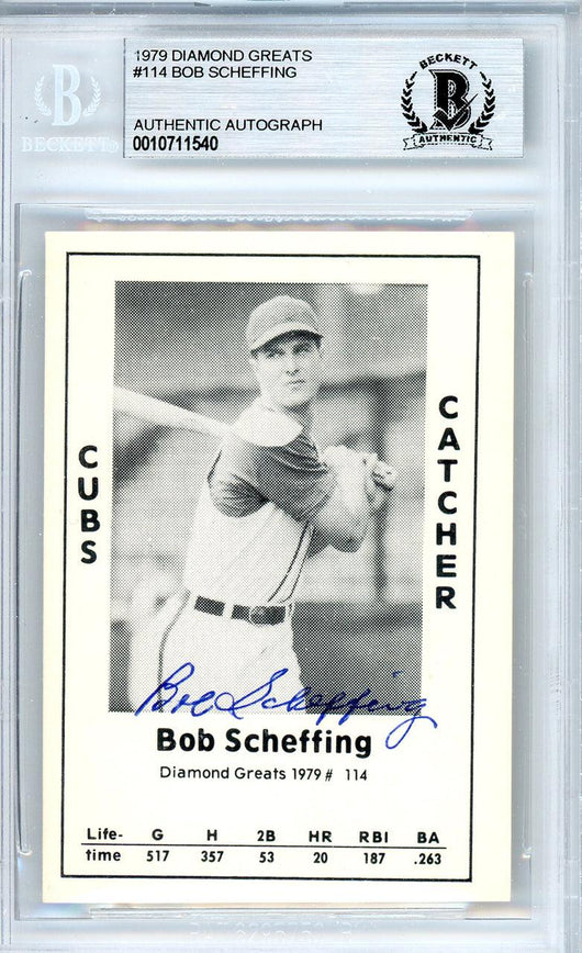 Bob Scheffing Autographed 1979 Diamond Greats Card #114 Chicago Cubs Beckett BAS #10711540