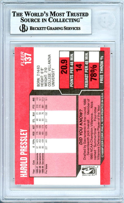 Harold Pressley Autographed 1989-90 Fleer Card #137 Sacramento Kings Beckett BAS #10739105