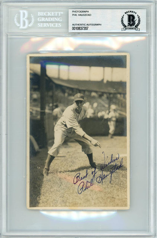 Phil Haugstad Autographed George Burke 4x6 Photo Brooklyn Dodgers "Best Wishes" Beckett BAS #10837207