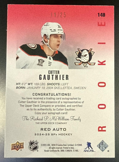 2024 SPx #148 Cutter Gauthier Rookie Red Auto /25