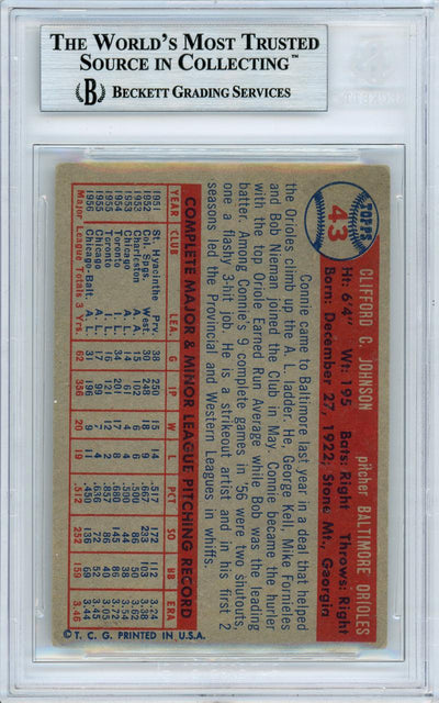 Connie Johnson Autographed 1957 Topps Card #43 Baltimore Orioles Beckett BAS #10982218