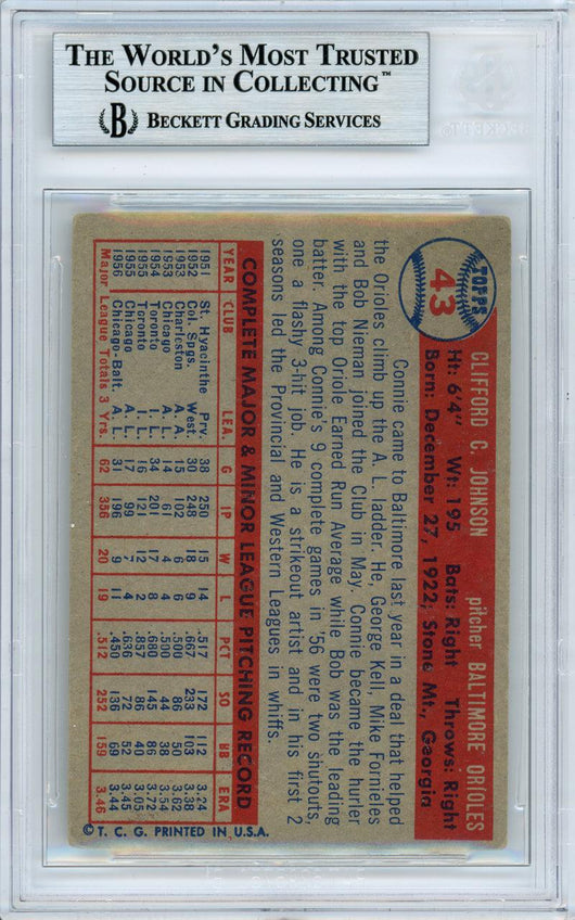 Connie Johnson Autographed 1957 Topps Card #43 Baltimore Orioles Beckett BAS #10982218