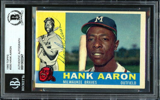 Hank Aaron Autographed 1960 Topps Card #300 Milwaukee Braves Vintage Signature Beckett BAS #13022247