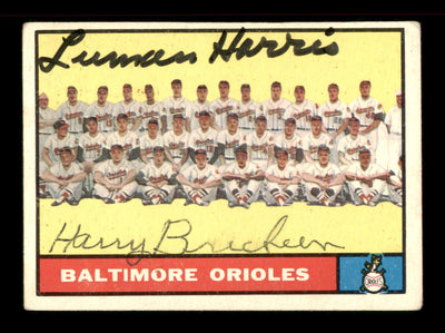 Luman Harris & Harry Brecheen Autographed 1961 Topps Team Card #159 Baltimore Orioles SKU #197731