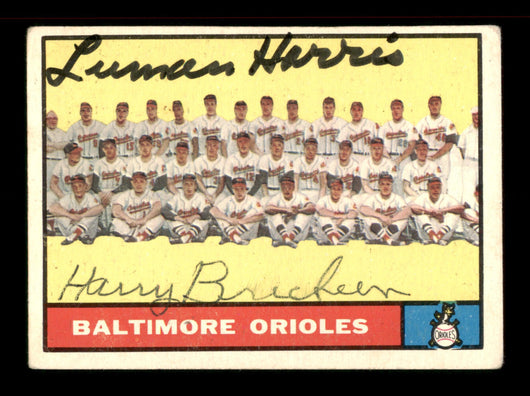 Luman Harris & Harry Brecheen Autographed 1961 Topps Team Card #159 Baltimore Orioles SKU #197731