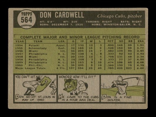 Don Cardwell Autographed 1961 Topps Card #564 Chicago Cubs High Number SKU #197801