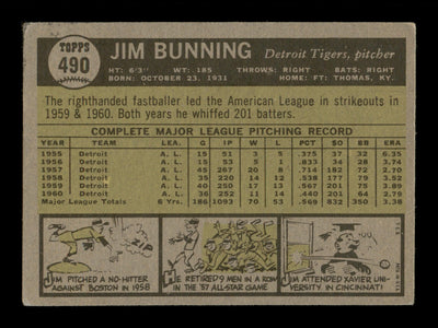 Jim Bunning Autographed 1961 Topps Card #490 Detroit Tigers SKU #197812