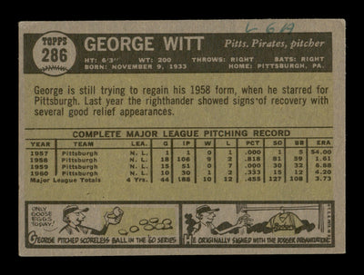 George Witt Autographed 1961 Topps Card #286 Pittsburgh Pirates SKU #197941