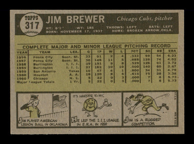 Jim Brewer Autographed 1961 Topps Card #317 Chicago Cubs SKU #197949