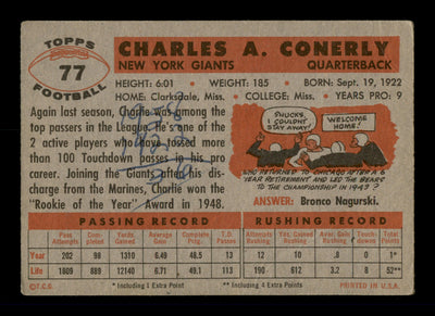 Charley Conerly Autographed 1956 Topps Card #77 New York Giants (Off-Condition) SKU #197970