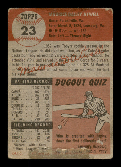 Toby Atwell Autographed 1953 Topps Card #23 Chicago Cubs SKU #198260