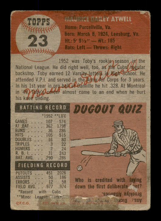 Toby Atwell Autographed 1953 Topps Card #23 Chicago Cubs SKU #198260
