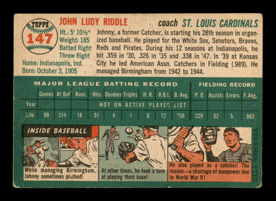 John Riddle Autographed 1954 Topps Card #147 St. Louis Cardinals SKU #198293