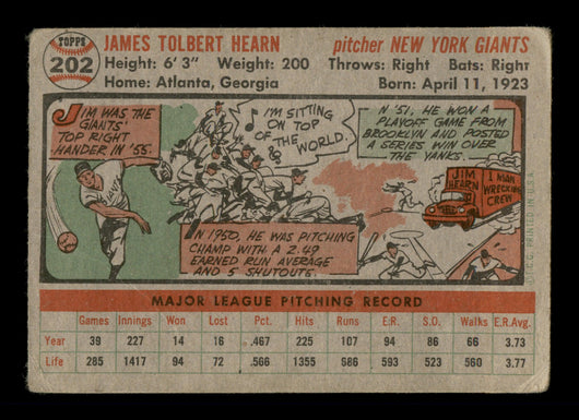 Jim Hearn Autographed 1956 Topps Card #202 New York Giants SKU #198357