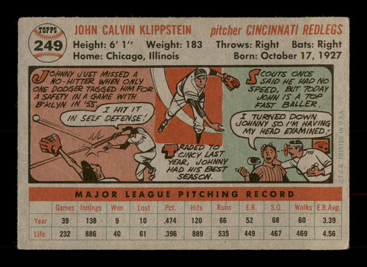 Johnny Klippstein Autographed 1956 Topps Card #249 Cincinnati Reds SKU #198388
