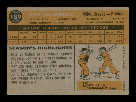 Don McMahon Autographed 1960 Topps Card #189 Milwaukee Braves SKU #198705
