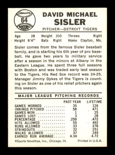 Dave Sisler Autographed 1960 Leaf Card #64 Detroit Tigers SKU #198796