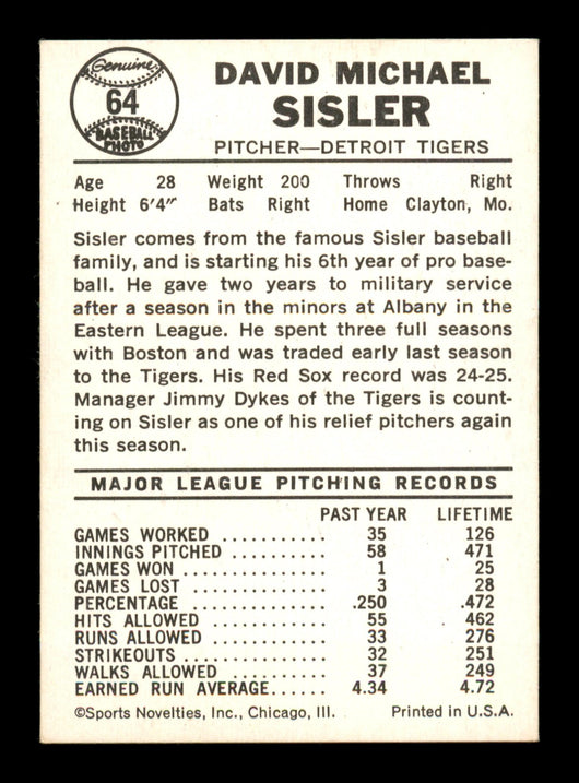 Dave Sisler Autographed 1960 Leaf Card #64 Detroit Tigers SKU #198796