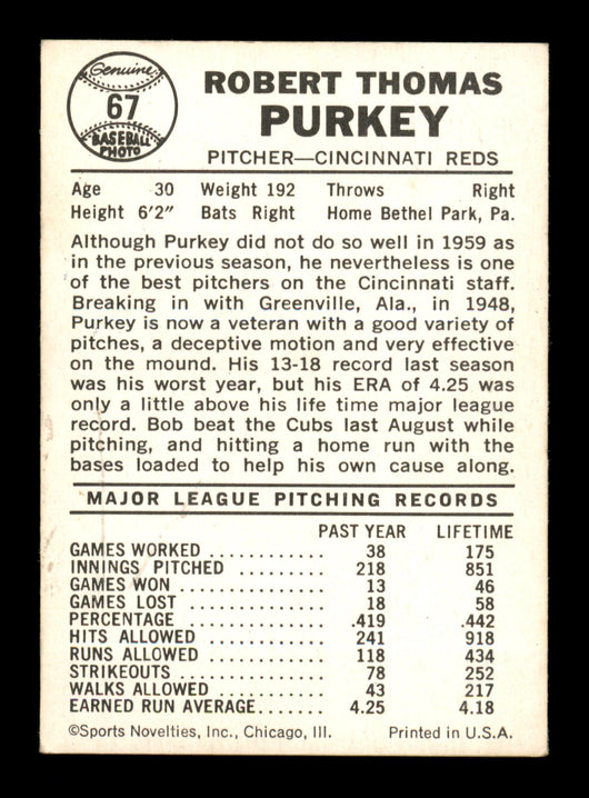 Bob Purkey Autographed 1960 Leaf Card #67 Cincinnati Reds SKU #198798