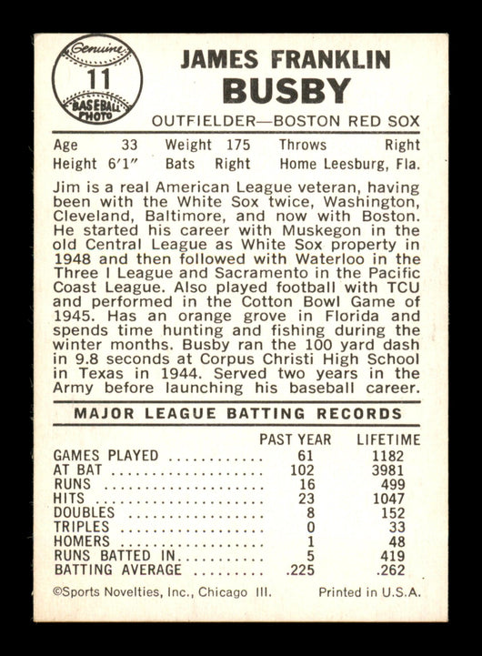 Jim Busby Autographed 1960 Leaf Card #11 Boston Red Sox SKU #198799