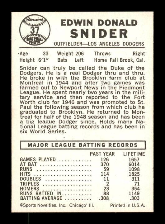 Duke Snider Autographed 1960 Leaf Card #37 Los Angeles Dodgers SKU #198807