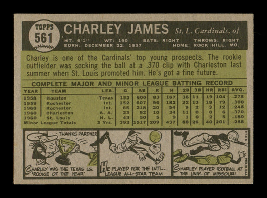 Charley Charlie James Autographed 1961 Topps Card #561 St. Louis Cardinals High Number SKU #198843
