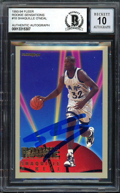 Shaquille Shaq O'Neal Autographed 1993-94 Fleer Rookie Sensations Card #18 Orlando Magic Auto Grade Gem Mint 10 Beckett BAS #13315307