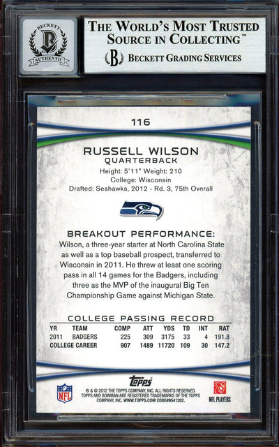 Russell Wilson Autographed 2012 Bowman Rookie Card #116 Seattle Seahawks Auto Grade Gem Mint 10 Beckett BAS #13315342