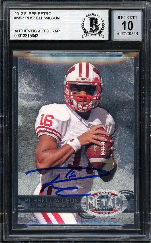 Russell Wilson Autographed 2012 Fleer Retro Metal Rookie Card #M-63 Seattle Seahawks Auto Grade Gem Mint 10 Beckett BAS #13315343