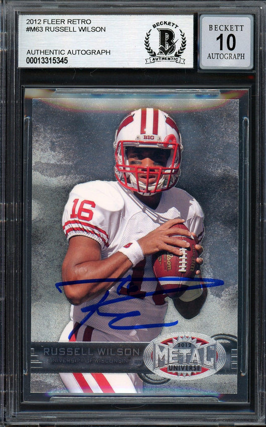 Russell Wilson Autographed 2012 Fleer Retro Metal Rookie Card #M-63 Seattle Seahawks Auto Grade Gem Mint 10 Beckett BAS #13315345