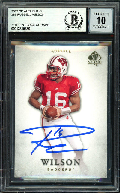 Russell Wilson Autographed 2012 SP Authentic Rookie Card #87 Seattle Seahawks Auto Grade Gem Mint 10 Beckett BAS #13315360
